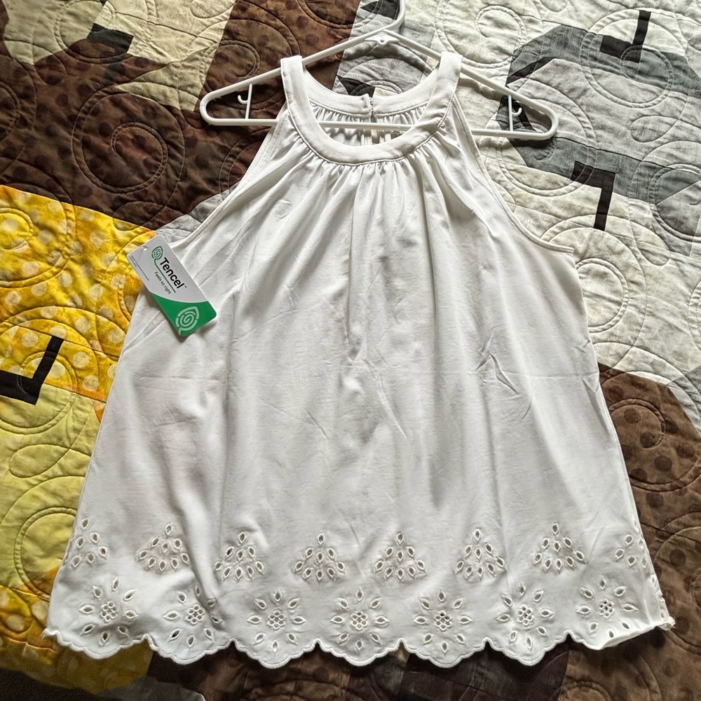 Lands' End White Eyelet Hem Tank Top